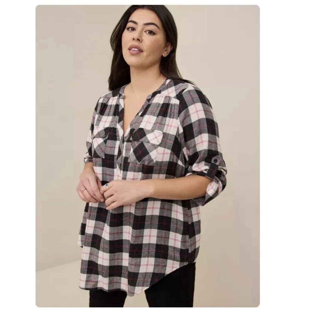 Torrid Harper Black White Plaid Soft Flannel Pullover 3/4 Sleeve Tunic Blouse 1X